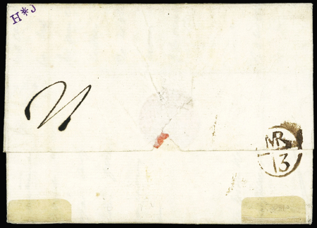 Lettre pour Londres (1767) avec marque circulaire rouge presqu'à sec "Portpayé de la Rochelle" (L n°14), ind 31. Rareté
