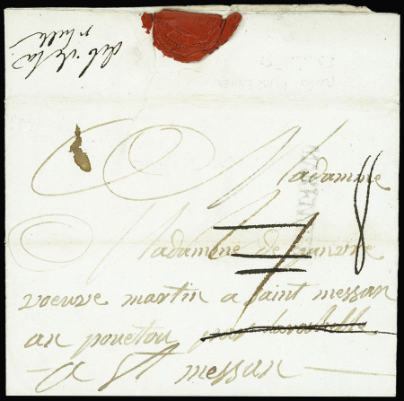 Lettre de Marennes pour St Maixent (1782) avec au verso marque manuscrite "Deb de la Rhelle" (L19), ind 19. TB