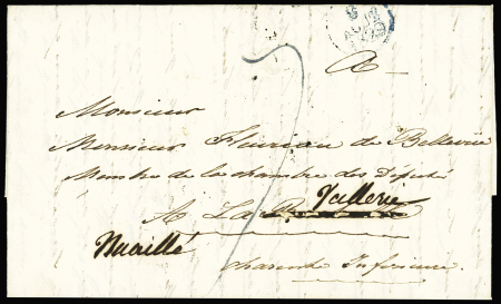 Lettre de Paris pour La Rochelle réexpédiée à Nuaillé avec au verso MP "Deb 16 La Rochelle" (1829), ind 19. TB