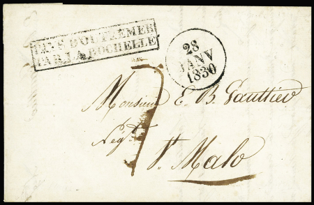 Lettre de Sainte-Marie de la Martinique pour Saint-Malo avec marque encadrée "Pays d'Outremer par La Rochelle" + dateur A (1830), ind 20. TB