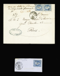 N°29 en paire OBL PC du GC 3174 + T15 La Rochelle (1868) sur lettre chargée avec mention manuscrite "Avec un billet de banque de cinq cents francs" + fragment AFF n°22 OBL PC du GC 3174. TB