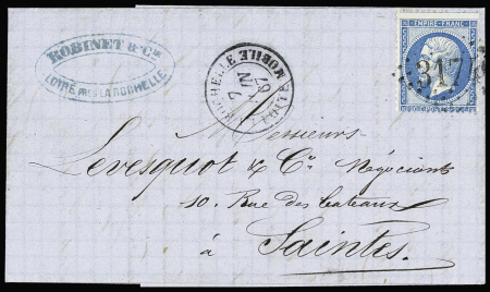 N°22 OBL GC 3174 + T15 "La Rochelle boite mobile" (1867) sur lettre, ind 20. TB