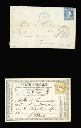 N°46 OBL losange de points "LARP" + CAD ambulant "La Rochelle à Paris" (1871) + petit cachet bleu "Poitiers Boite aux lettres du grand hotel" et n°59 OBL losange de points "LARP" + grand cachet bleu "Grand Hotel du Palai