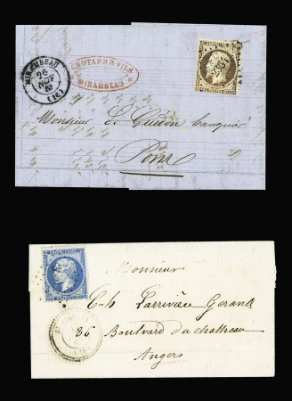 N°22 OBL PC du GC 3481 + T22 "St Aigulin" (1863) sur lettre et n°23 OBL PC du GC 2364 + T15 Mirambeau (1863) sur lettre. TB