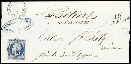 N°10 OBL PC 3067 + T13 "St Genis de Saintonge" (1853) + cursive "16 St Fort" sur devant de lettre. TB