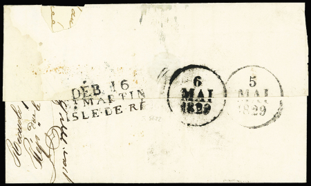 Lettre avec au verso MP "Deb 16 St Martin Isle-de-Ré" + dateur A (1829), ind 21. rare et TB