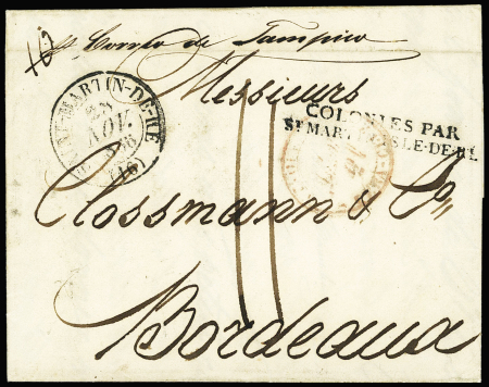 Lettre du Mexique pour Bordeaux avec T13 "Saint Martin de Ré" (1836) + marque d'entrée "Colonies par St Martin Isle-de-Ré", ind 18. TB