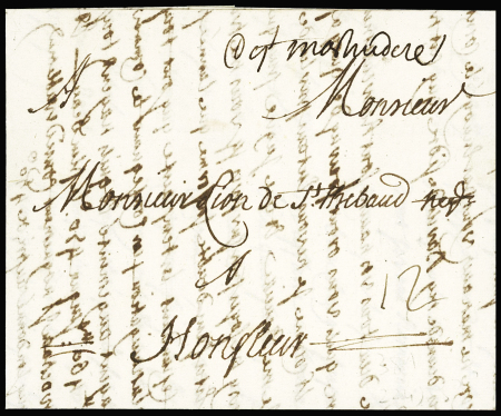 Lettre pour Honfleur avec marque manuscrite "De St Martinderé" (1736), ind 17. TB