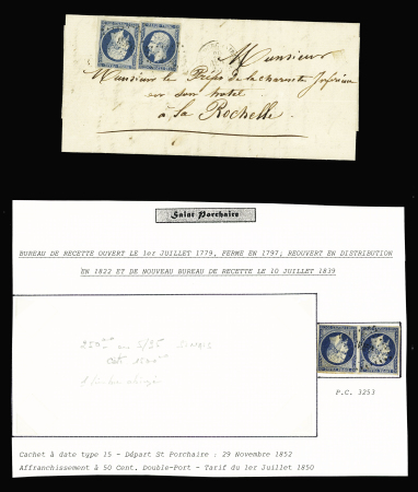N°10 en paire OBL PC 3253 (St Porchaire) sur lettre pour La Rochelle en double port. TB