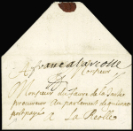 Lettre de Saint Savinien pour La Réole (Gironde) avec mention manuscrite "Franc à Laréolle" + paraphe de port payé et "Port payé" de la main de l'expéditeur (1682), ind 23. RR et TB