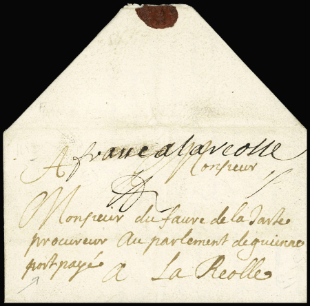Lettre de Saint Savinien pour La Réole (Gironde) avec mention manuscrite "Franc à Laréolle" + paraphe de port payé et "Port payé" de la main de l'expéditeur (1682), ind 23. RR et TB
