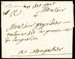 Lettre pour Montpellier (1782) avec marque à sec "St Savinien" (cachet brisé) + mention manuscrite "Franche de port", ind 20. TB