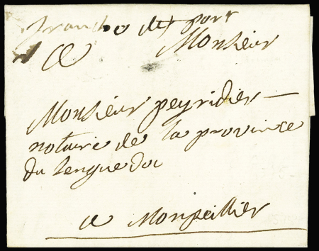 Lettre pour Montpellier (1782) avec marque à sec "St Savinien" (cachet brisé) + mention manuscrite "Franche de port", ind 20. TB