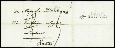 Lettre avec MP "32 Bordeaux" (1805) pour Nantes  avec au verso MP "Deb 16 Saintes", ind 17. TB