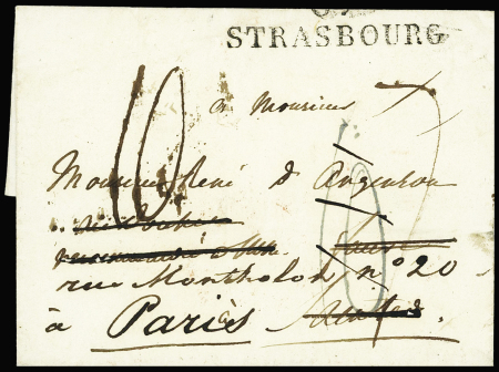 Lettre de Strasbourg pour Saintes (1824) avec au verso MP "Deb 16 Saintes" (25x10mm). Jolie pièce, ind 20. Certificat Pothion. TB