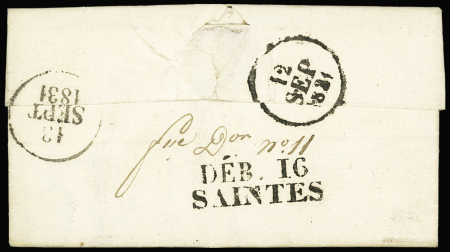 Lettre de Segonzac près de Jarnac avec au verso MP "Deb 16 Saintes" + dateur A (1831), ind 20. Jolie pièce