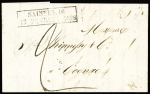Lettre avec CAD rectangulaire d'essai "Saintes 16   15 fébrier 1828", ind 26. TB