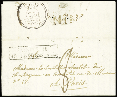 Lettre avec CAD rect d'essai "Saintes 16   19 février 1828". Frappe B/TB, ind 26
