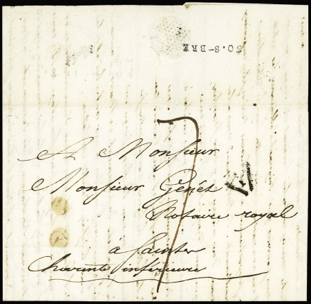 Lettre de Paris pour Saintes avec au verso marque d'arrivée "30.8.BRE" (1821). Rare et TB