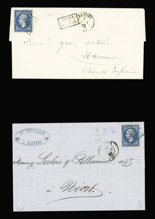 2 lettres AFF n°22 OBL PC du GC 3265 + T15 Saintes (1863), ind 11 chacune. TB