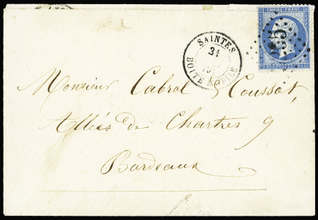 N°22 OBL GC 3265 + T15 "Saintes boite mobile" (1865) sur lettre pour Bordeaux, ind 22. TB