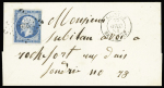 N°14 OBL PC 2703 (Rochefort) + T15 "Saintes bat a vap" (1858) sur lettre, ind 25. RR