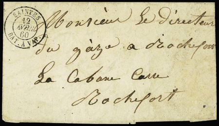 Lettre sans timbre (probablement tombé dans le service) avec T15 "Saintes bat a vap" (1860), ind 25. Rare et TB