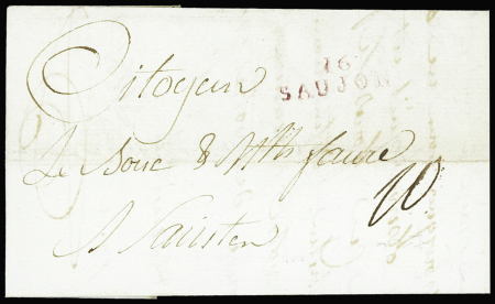 Lettre avec petite MP rouge "16 Saujon" (25x8mm - rouge non catalogué - 1795). TB