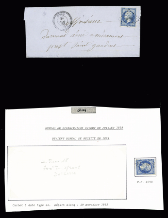 N°14 OBL PC 4098 + T22 Siecq (1862) (ind 18) et n°22 OBL GC 3404 + T22 Siecq (1864), ind 13. TB