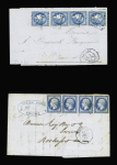 2 lettres : n°14, bande de 3 + 1 pièce OBL PC 2956 + T15 Surgères (1862) et n°46, 2 paires OBL GC 3471 + T17 Surgères (mars 1871). TB