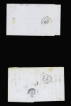 2 lettres : n°14, bande de 3 + 1 pièce OBL PC 2956 + T15 Surgères (1862) et n°46, 2 paires OBL GC 3471 + T17 Surgères (mars 1871). TB