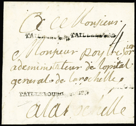 MP "Taillebourg" (1768 - 30x2,5mm - L n°1) frappée 4 fois, ind 24. RR et TB