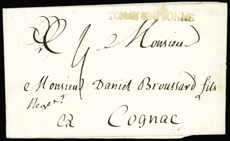 Lettre avec MP "Tonay Boutonne" (1768 - L n°1) pour Cognac, ind 22. TB