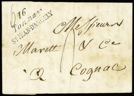 Cursive double "16 Tonnay St Jean d'Angely" (1827), ind 19. TB