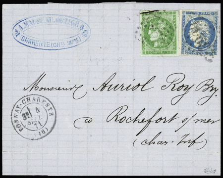 N°38 + 42 OBL GC 3969 + T17 "Tonnay Charente" (4 sept 71) sur lettre. T
