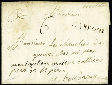 La Tremblade : lettre avec marque manuscrite "Trablade" + marque au tampon "Marenne" (vers 1758), L n°1, ind 24. RR. TB