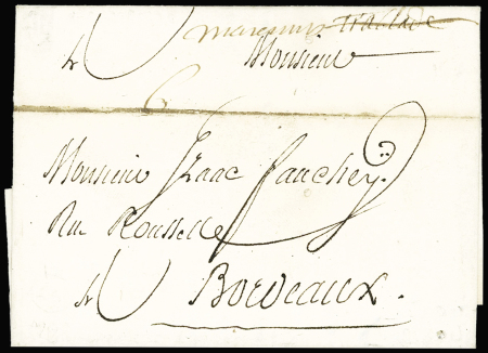 Lettre avec marque manuscrite "Marennes Trablade" (L n°3 - 1764), ind 23. TB