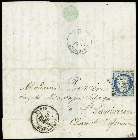 N°37 OBL étoile 2 + CAD "Paris R. St Lazare" (16 dec 70) sur ballon monté pour St Savinien (arrivée 28 dec) (Le Parmentier). TB