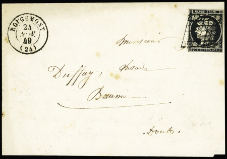 N°3 OBL grille + T15 Rougemont (1849) sur lettre, ind 18 TB