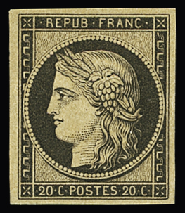 N°3f 20c noir sur jaune, Réimpression de 1862, neuf