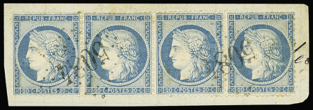 N°37 Cérès 20 c. bleu en bande de 4, obl. GC 5084 (Les