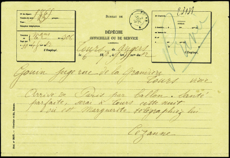 Télégramme manuscrit d'Ernest Cézanne, passager du ballon monté "Le Fulton" (pilote Le Gloannec) qui, parti le 2 nov 1870 de Paris atterrit le même jour près de Chanzeaux (Maine et Loire). Il annonce son arrivée
