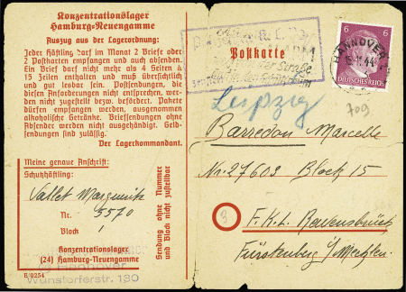 Allemagne n°709 OBL Hannover (1944) sur carte postale à en-tête "Konzentrationslager Hamburg-Neuengamme" écrite par une déportée française adressée à une autre déportée française à Ravensbruck - plis central