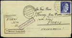 Allemagne n°717 OBL Weimar Buchenwald (24.5.44) sur env. à en-tête "Konzentrationslager Buchenwald" écrite par un déporté français avec griffe violette encadrée "Postzensur Block 27". TB