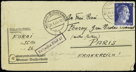 Allemagne n°717 OBL Weimar Buchenwald (24.5.44) sur env. à en-tête "Konzentrationslager Buchenwald" écrite par un déporté français avec griffe violette encadrée "Postzensur Block 27". TB
