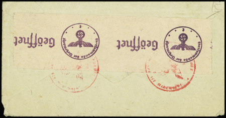 Allemagne n°717 OBL Weimar Buchenwald (24.5.44) sur env. à en-tête "Konzentrationslager Buchenwald" écrite par un déporté français avec griffe violette encadrée "Postzensur Block 27". TB