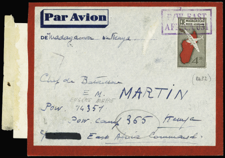 Madagascar, entier postal PA32, 4F50 rouge et noir OBL griffe encadrée violette "P/W east Africa 031", adressée à un vichyste de Madagascar prisonnier au Kenya. Rare et TB