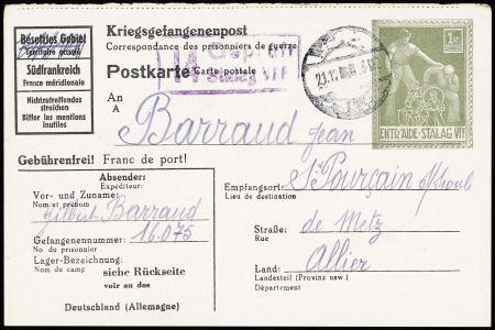 Entier postkarte avec figurine vert-gris 1 RM entraide stalag VIF OBL dec 1943 (GUE J20). Rare et TB