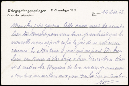 Entier postkarte avec figurine vert-gris 1 RM entraide stalag VIF OBL dec 1943 (GUE J20). Rare et TB