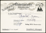 Entier formule avec figurine noire "pour eux coude à coude" (1943) du Stalag II B (GUE J1) avec mention "Via Croix-Rouge internationale Genève" OBL 31.1.45, avec griffe bleue "n'a pu être acheminé retour à l'envoyeu